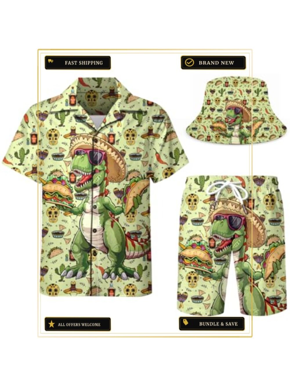Men's 2 Piece Tracksuit Hawaiian Shirt Shorts Bucket Hat Set